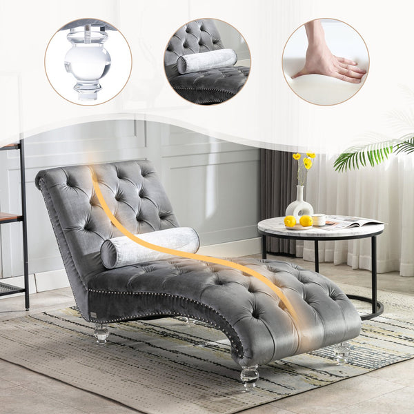 English Elm Velvet Curved Chaise Lounge Sofa with Button-Tufted Back, Thick Foam Cushion & Acrylic Legs for Living Room Comfort Silver W39538683