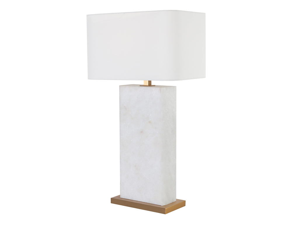 Sunpan Rovira Table Lamp - Hand-Carved Alabaster Elegance with Brushed Gold Base & Soft Linen Shade Glow