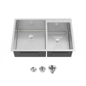 English Elm 33"x19" Handcrafted Stainless Steel Double Bowl Overmount Kitchen Sink Satin Finish T3177P296190