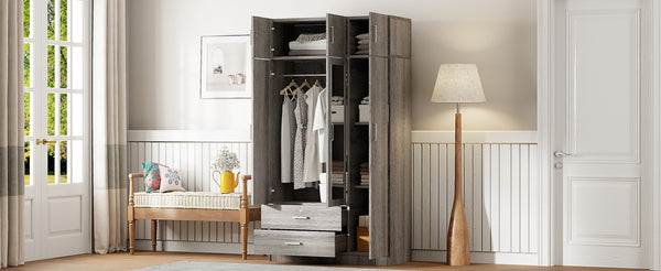 English Elm 3-door Mirrored Wardrobe with Full Length Dressing Mirror Drawers and Top Cabinet Gray LP006005AAE