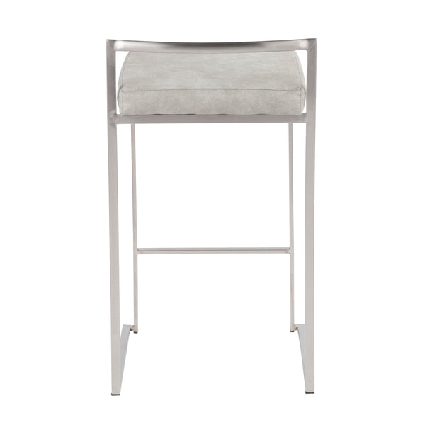 English Elm Fuji Stackable Counter Stool Set Of 3 - Modern Brushed Stainless Steel & Light Grey Cowboy Fabric B202P221939