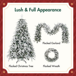 English Elm Christmas Snow Flocked Wreath Set with 9ft Garland & 6ft Tree, Warm LED Lights, 3-Piece Indoor Decor (100) PX283313AAW