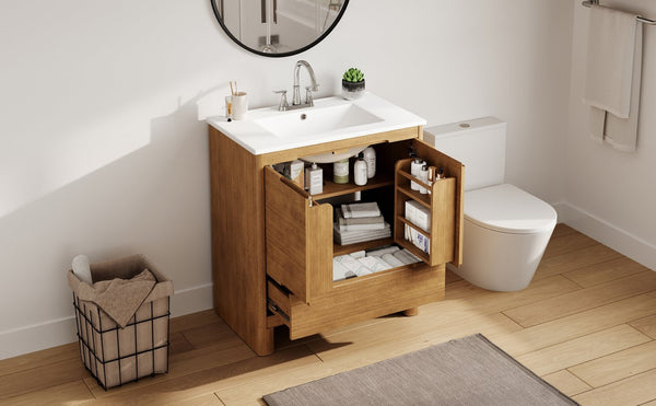 English Elm [video] 30 Inch Freestanding Bathroom Vanity Pine Legs Ceramic Sink Soft Close Storage Natural N759P412928N