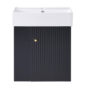 English Elm 21.6 Modern Floating Bathroom Vanity with Ceramic Basin, Wave Door, Rose Gold Handle, Space-Saving Black N729P170390B