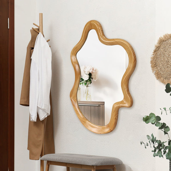 English Elm 33.46" Irregular Wall Mirror with Natural Wood Frame — Organic Flowing Shape, Clear Reflection, Easy Mounting W2295P365037