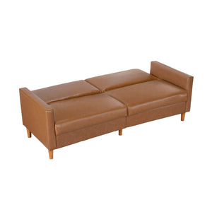 English Elm Comfort Convertible Sleeper Sofa Faux Leather Futon with Plywood Frame, Pocket Coil Comfort, Walnut Legs, 79" Camel 46 L x 36.5 W x 17 H B011P332250