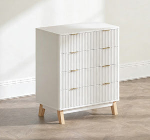 English Elm Contemporary Fluted 4 Drawer White Dresser with Gold Pulls and Rubberwood Legs T3971P431287