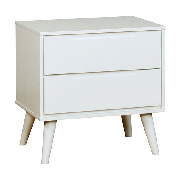 English Elm Mid-Century White Nightstand with Solid Wood Veneer, 2-Drawer Bedside Table, Tapered Round Legs, Recessed Handles B011P218338