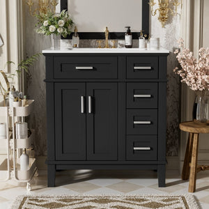 English Elm 30" Freestanding Bathroom Vanity Ceramic Sink Soft Close Cabinet Gray Wood Frame Black N729P427118B