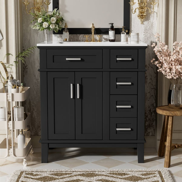 English Elm 30" Freestanding Bathroom Vanity Ceramic Sink Soft Close Cabinet Gray Wood Frame Black N729P427118B