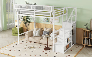 English Elm Full Size Loft Bed With Stairs & Shelves - Stylish Metal High Loft Bed For Kids & Teens, White Finish W2580S00032