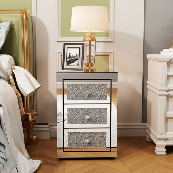 English Elm 3-Drawer Mirrored Nightstand with Crystal Knobs, Glitter Drawers, Silent-Glide Storage Accent Table W3836P362100
