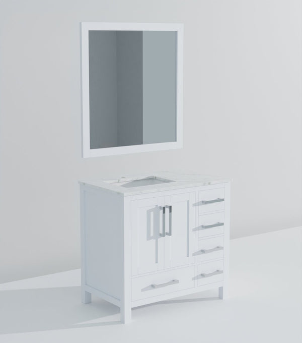 English Elm White Bath Vanity With Carrara Marble Top, 36" W, Soft-Close Drawers & Coordinated Mirror Set B2731S00679-GIGA