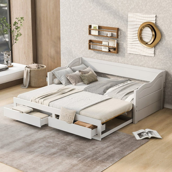 English Elm Wooden Twin Daybed with Pull Out Trundle and Dual Storage Drawers for Guest Rooms White LP000519AAK-1