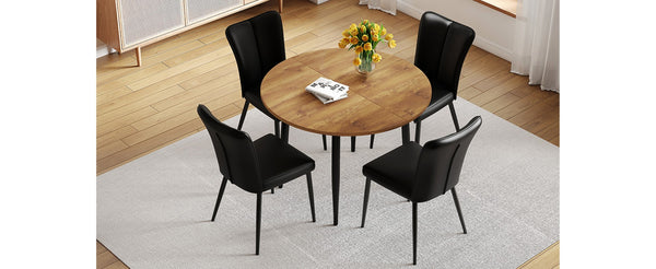 English Elm Table And Chair Set - Modern Extendable Mdf Dining Table With 4 Stylish Black Pu Chairs For Gatherings W1151S04145-GIGA