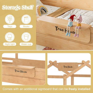English Elm Twin Low Loft Bed Solid Pine Frame with Built-in Led Lighting and Storage Shelves Natural W1580P396333