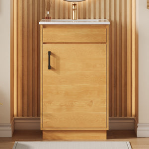 English Elm 20-inch Farmhouse Bathroom Vanity with Ceramic Sink, Freestanding Single Cabinet, Soft-Close Door, Adjustable Shelf, Natural Wood-Grain Finish N710P334910P