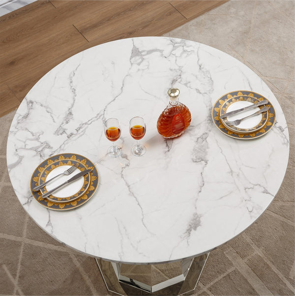 English Elm 47" Round Marble Dining Table - Elegant High Gloss Faux Marble Top With Sturdy Stainless Steel Base W3456S00030