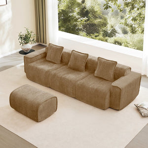 English Elm Streamlined Velvet L-shaped Sectional Sofa with Ottoman and Cloud Cushion Living Room Brown W3041S00373