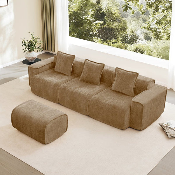 English Elm Streamlined Velvet L-shaped Sectional Sofa with Ottoman and Cloud Cushion Living Room Brown W3041S00373