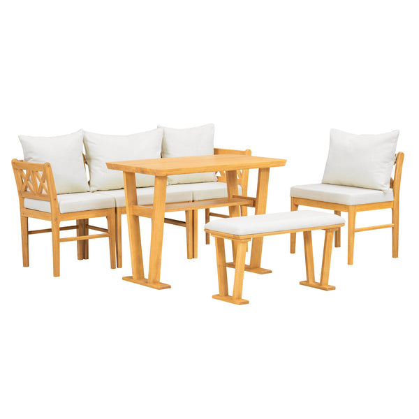 English Elm Small Farmhouse Solid Wood Dining Set for 6 — Space-Saving High Top Corner Table, Bench & Chairs, Cozy Durable Design TWSET2025-3N