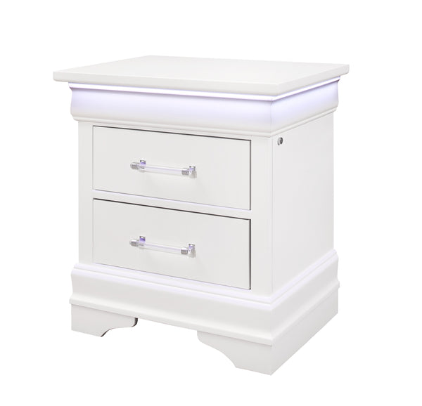 English Elm CHARLSTON Solid Wood Nightstand with LED Lighting, Transitional 2-Drawer Design, Metal Hardware Finish White 29 L x 22 W x 22 H B201P215719