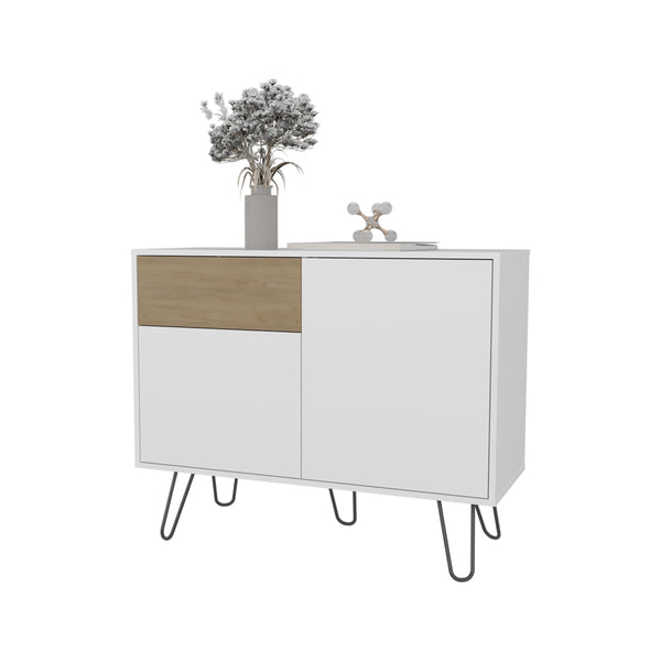 English Elm Red Rock Sideboard Modern Hairpin Legs White & Natural Oak Finish | Compact Buffet, Drawer, Cabinet Storage B128P287516
