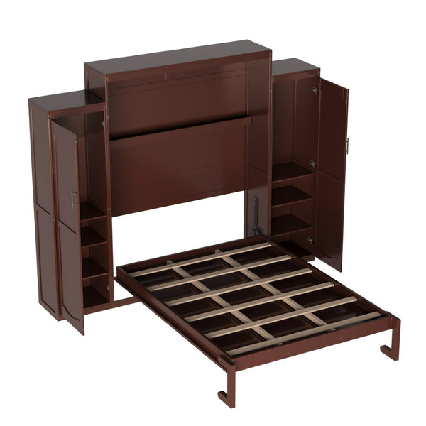 English Elm Queen Murphy Wall Bed Walnut Wooden Frame Dual Wardrobes Foldable Guest Room Storage N733S235627D