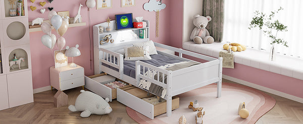 English Elm Wood Twin Size Platform Bed with Built-in LED Light, Multifunctional Headboard, Guardrail & Storage Drawers White N709P243969K