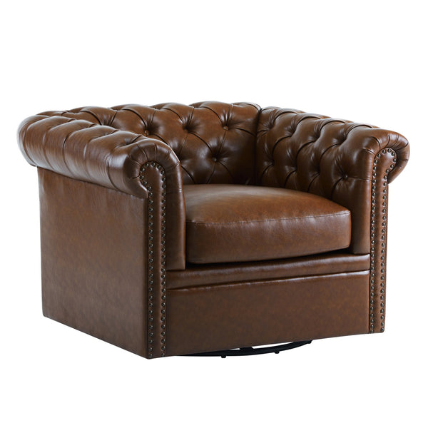 English Elm Christopher Knight Home® - Chesterfield Swivel Club Chair with Deep Button Tufting, Nailhead Trim, 360° Metal Swivel Comfort Dark Brown 39.25 L x 33.85 W x 27.85 H N776P195601D