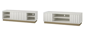 English Elm Rene Glossy White Scalloped TV Stand with Sliding Doors & Gold Base for TVs up to 65" — Chic Organizer B2733P395076