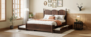 English Elm Queen Size Platform Bed With Twin Xl Trundle & 2 Spacious Drawers - Elegant Walnut Design Upgrade N820S00025D-GIGA