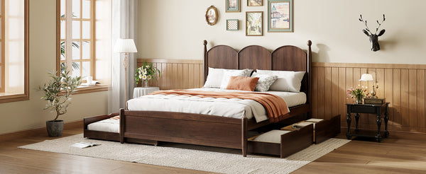 English Elm Queen Size Platform Bed With Twin Xl Trundle & 2 Spacious Drawers - Elegant Walnut Design Upgrade N820S00025D-GIGA