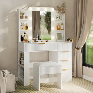 English Elm Vanity Desk Set with Led Mirror Charging Station Five Drawers and Cushioned Stool White T3773P416291