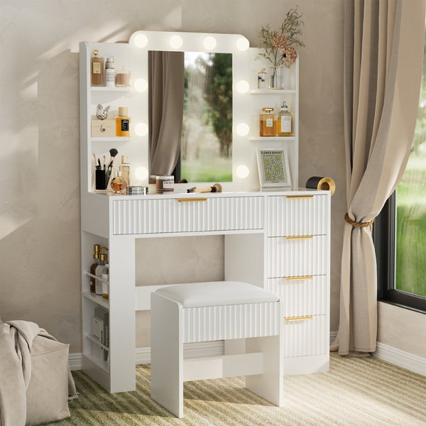 English Elm Vanity Desk Set with Led Mirror Charging Station Five Drawers and Cushioned Stool White T3773P416291