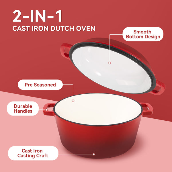 English Elm Enamel Cast Iron Dutch Oven 6QT with 2QT Lid — Versatile 2-in-1 Stew Pot and Frying Pan Set for Home Cooking Red T3950P391585