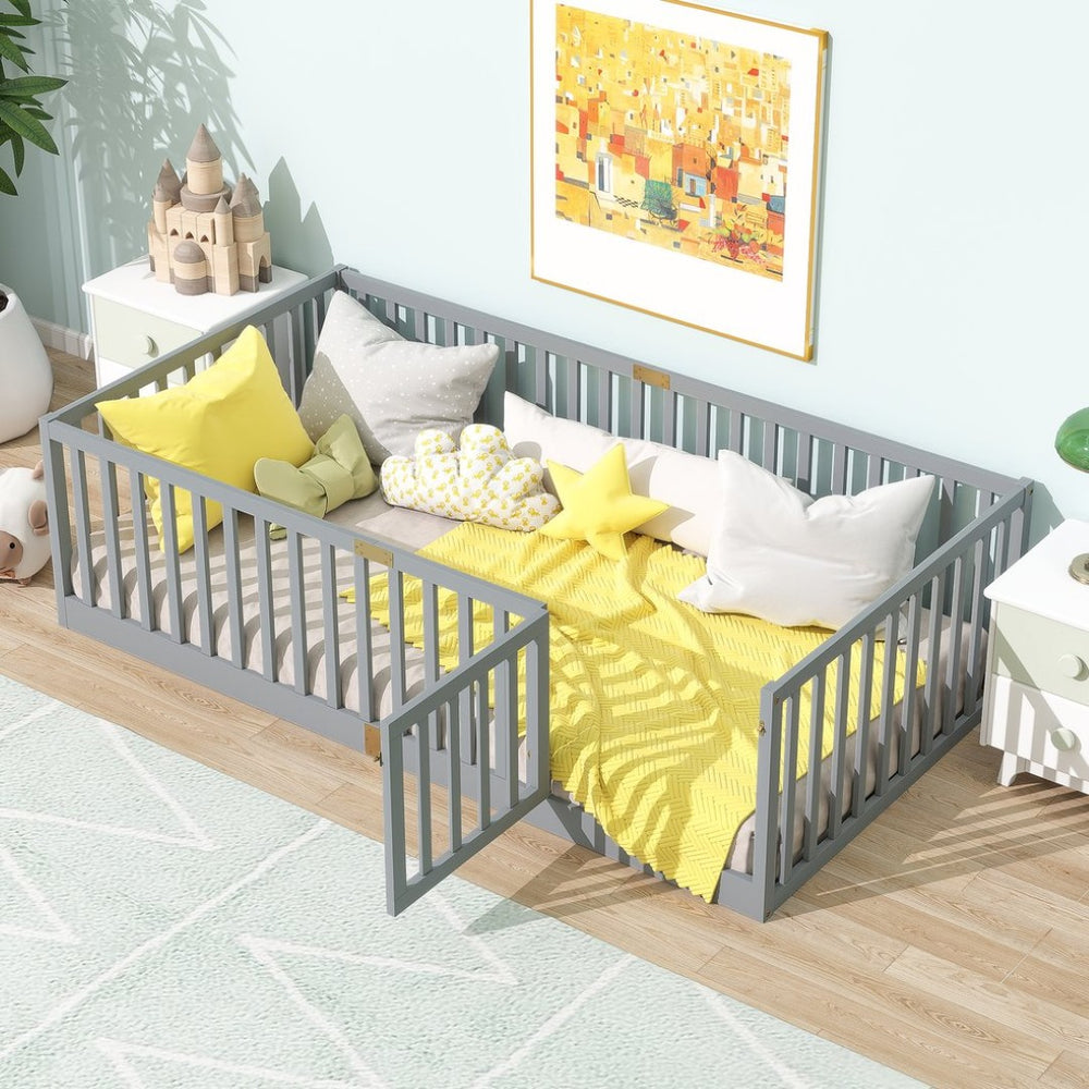 English Elm Twin House Frame Floor Bed Rubberwood with Roof Canopy and Safety Rails for Kids Grey W504P429537