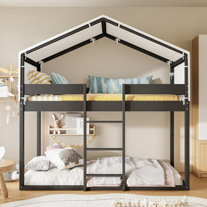 English Elm Twin Over Kids Bunk Bed with Tent Canopy Farmhouse Pinewood Playroom Frame Espresso N708P248523P
