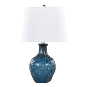 English Elm Gloria 20" Contemporary Glass Accent Lamp Set of 2 in Dark Moroccan Blue with White Linen Shade, Chrome Trim B202P224029