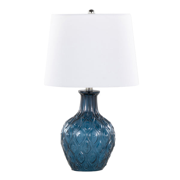 English Elm Gloria 20" Contemporary Glass Accent Lamp Set of 2 in Dark Moroccan Blue with White Linen Shade, Chrome Trim B202P224029
