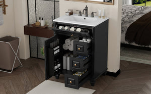 English Elm 24 Inch Freestanding Bathroom Vanity Solid Rubberwood Ceramic Sink Matte Finish Storage Black N725P375626B