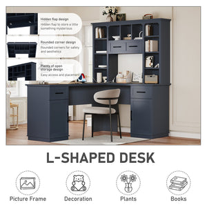 English Elm L-Shaped Corner Desk with 3 Cabinets, 2 Drawers & 11 Shelves, Built-In Power Outlet for Home Office Antique Blue W1580S00190