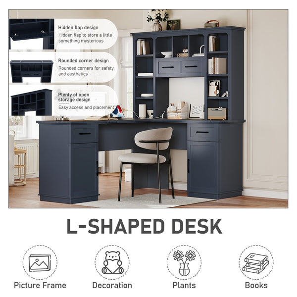 English Elm L-Shaped Corner Desk with 3 Cabinets, 2 Drawers & 11 Shelves, Built-In Power Outlet for Home Office Antique Blue W1580S00190