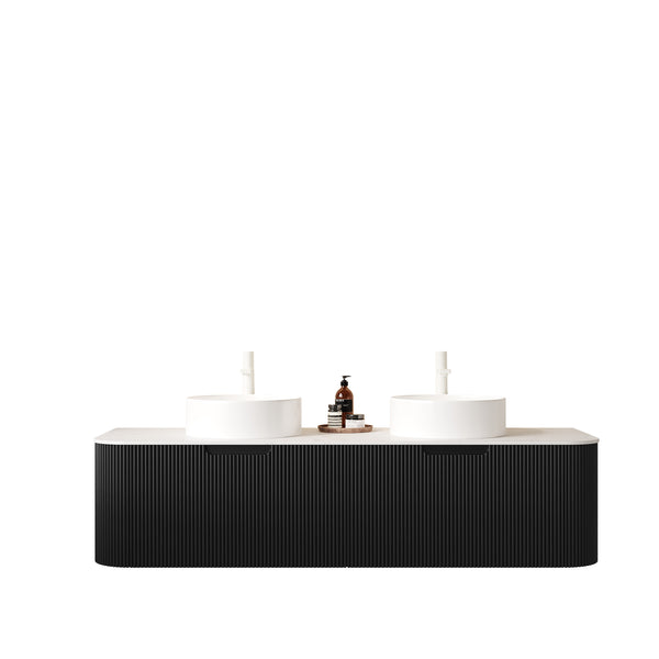 English Elm Dina 60" Modern Wall-Mounted Bathroom Vanity With Dual Ceramic Sinks & Storage, Pre-Assembled Black Design W2615S00128