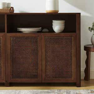 English Elm 63" Mid Century Modern Rattan Sideboard Buffet Cabinet with Adjustable Shelves, Durable Craftsmanship and Outlet Access for Living Room Storage and TV Console Walnut W1801P371658