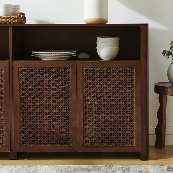 English Elm 63" Mid Century Modern Rattan Sideboard Buffet Cabinet with Adjustable Shelves, Durable Craftsmanship and Outlet Access for Living Room Storage and TV Console Walnut W1801P371658