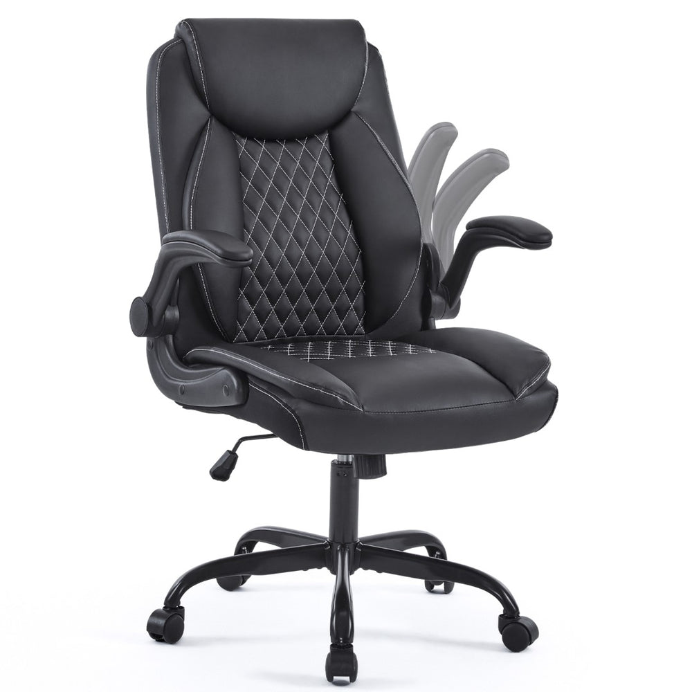 English Elm Leather Executive Desk Chair with Lumbar Support Flip Armrests and Swivel Base T5339P435712
