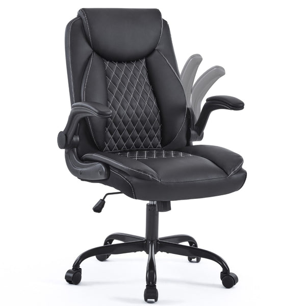 English Elm Leather Executive Desk Chair with Lumbar Support Flip Armrests and Swivel Base T5339P435712
