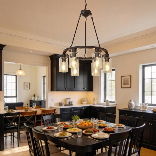 English Elm 23.62'' Farmhouse Wagon Wheel Chandelier Six Seeded Glass Shades Brown Metal Finish W5008P468517