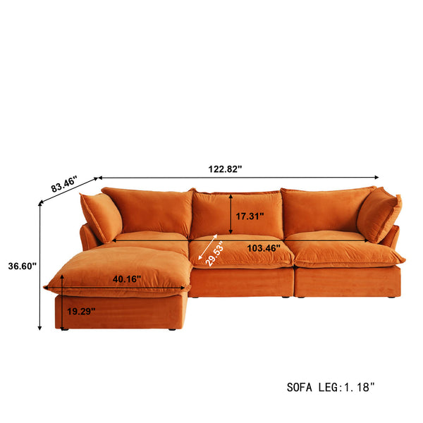 English Elm Sky Cloud Sectional Sofa with Cloud-Like Comfort, Modular L-Shaped Velvet Seating, Removable Covers, Storage Ottoman Orange B341S00020